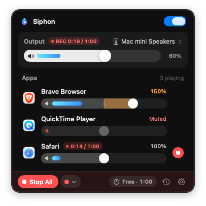 Siphon's menu while recording: Record All has run for 19 seconds and Safari's own recording for 14, with Stop All at the bottom